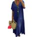 Women's Clothing Large Size Summer Women's Solid Color Dress Loose Pleated V Neck Short Sleeved A Line Long Skirt Female_ecoleips.com