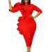 D608 Cross-Border European American Fashion Women's Dress With Round Neck, Elegant Three-Quarter Sleeves, Ruffled_ecoleips.com