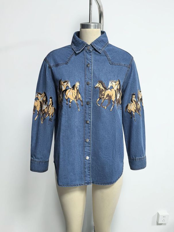 K Retro Denim Collar Shirt, Fashionable Wild Horse Print Denim Jacket_ecoleips.com