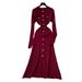 Elegant Metal Buckle Waist-Defining Dress - Slimming Knitted Maxi Dress With Lace Detailing For Women, Autumn Winter Fashion_ecoleips.com
