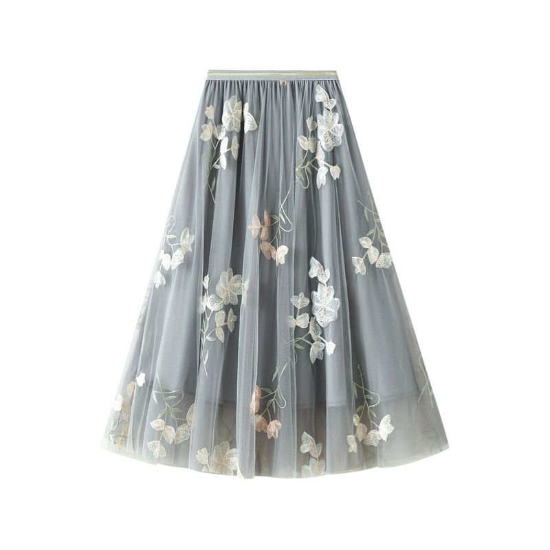 Summer New High Slimming Elastic Waist Large Swing Double Layer Mesh Embroidered Mid-Length Skirt For Women K863_ecoleips.com