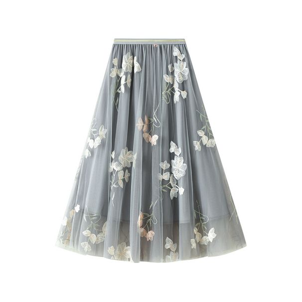 Summer New High Slimming Elastic Waist Large Swing Double Layer Mesh Embroidered Mid-Length Skirt For Women K863_ecoleips.com