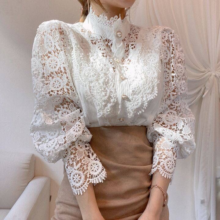 French Style Lace Trim Blouse - Boho Floral Embroidery Loose Fit Button Down Top For Women_ecoleips.com