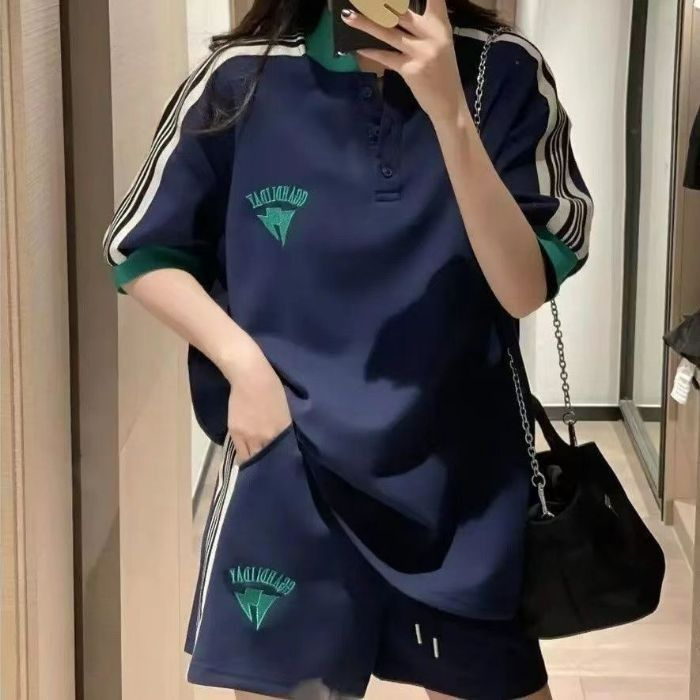 Women's Blue Tracksuit Set Korean Style Slimming Casual Fashion plus Size Two Piece Summer 2026 New_ecoleips.com