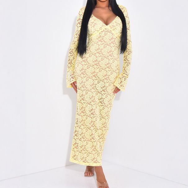 DiYun European And American Y2K Sexy Lace Hollow Sleeve Lg Dress Women's Clothing 2025 Autumn/Winter_ecoleips.com