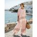 Summer Women's 3D Printed Striped Color Block Top Mid Sleeve Round Neck Casual Mid Waist Straight Suit American Style_ecoleips.com