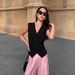 Vintage V-Neck Sleeveless Vest Women's Black Waist-Cinching Layering Top – Streetwear Chic, Summer Staple_ecoleips.com