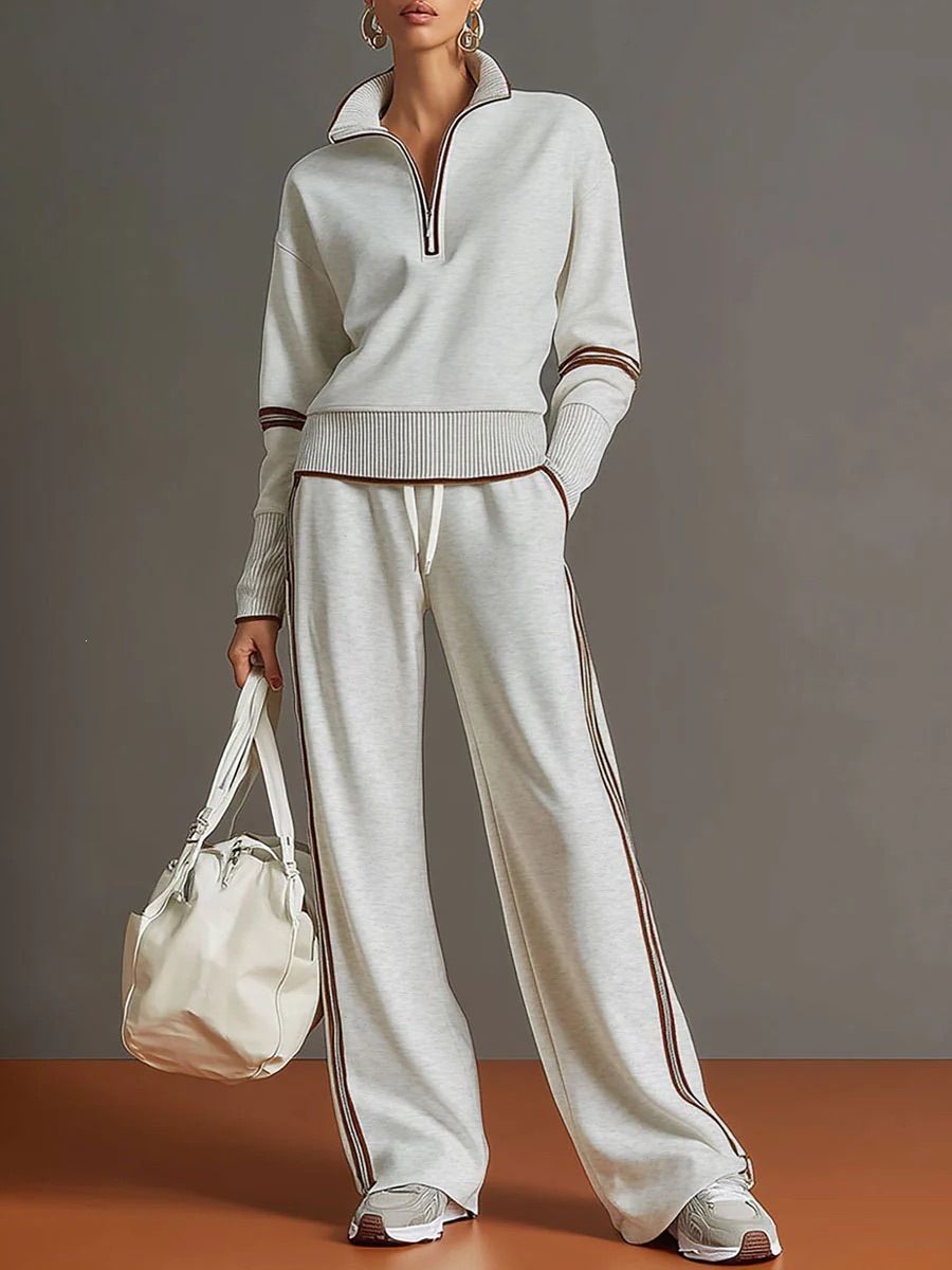 Women's Color Block Sportswear Set Casual European American Style Stand Collar Sweatshirt And Wide Leg Pants Two-Piece Outfit for Summer_ecoleips.com