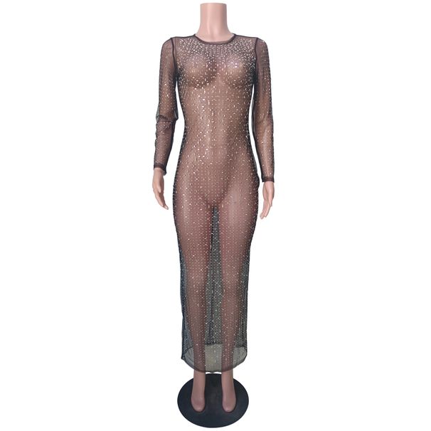 Women's Clothing Sexy Hot Diamond Blouse Mesh Long Sleeve Slit Dress_ecoleips.com
