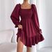Spring/Summer European And American Square Neck Pleated Dress With Ruffled Hem_ecoleips.com