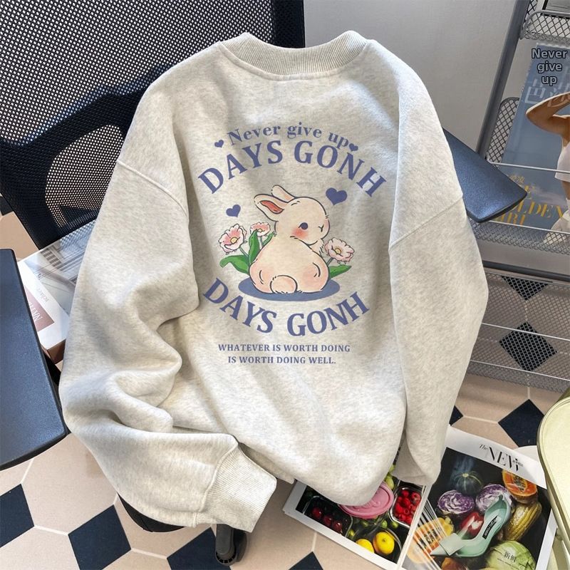 Autumn/Winter Women's Fleece Lined Sweatshirt American Print Design Crew Neck Thick Casual Trendy Top Jacket 2025_ecoleips.com