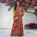 Women's Long Sleeve V-Neck Jalabiya Dress – Flowy Maxi Dress With Ethnic Print (Polyester, S-Xxl, Multi-Color)_ecoleips.com