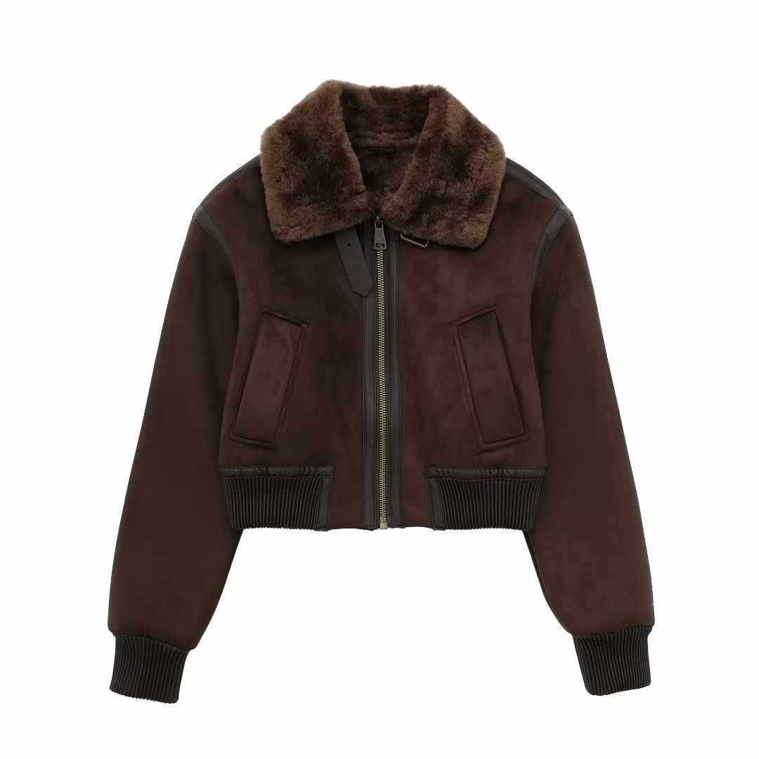 Women's Fleece-Lined High Neck Oversized Jacket - Casual Streetwear Coat With Zip Closure, Coffee Brown_ecoleips.com