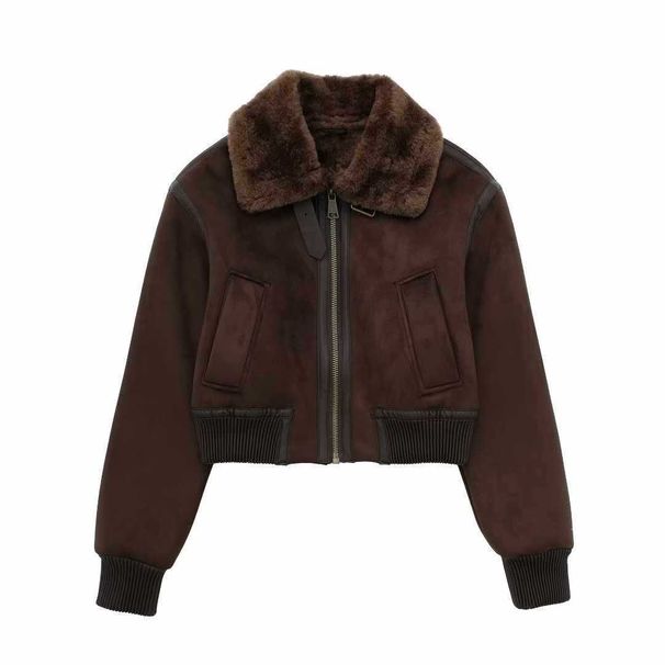Women's Fleece-Lined High Neck Oversized Jacket - Casual Streetwear Coat With Zip Closure, Coffee Brown_ecoleips.com