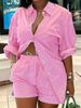 Women's Summer Casual Blue Striped Shirt And Shorts Set Short Sleeved Vacation Style_ecoleips.com