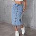 Women's High Waist Stretchy Denim Midi Skirt - Slit Detail Bodycon Pencil Skirt (Dark Blue/Light Blue/Black/Grey, S-XXL)_ecoleips.com