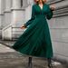 Women's Long Sleeved V Neck Dress Autumn Winter Fashion Ruffled Hem Pleated Elegant Casual Maxi Dress_ecoleips.com