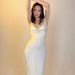Spring/Summer Solid Color Patchwork Long Dress Women's Cool Elegant White Moonlight Style Spaghetti Strap Tie Waist Slim Fit_ecoleips.com