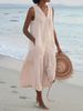 2025 Summer Export Solid Color Cotton Strap Style Elegant Commuter Trendy Long Loose Waist V-neck Pink Dress_ecoleips.com