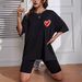 Women's Casual Loose T-Shirt round Neck Short Sleeve Heart Print Simple Sports Top_ecoleips.com