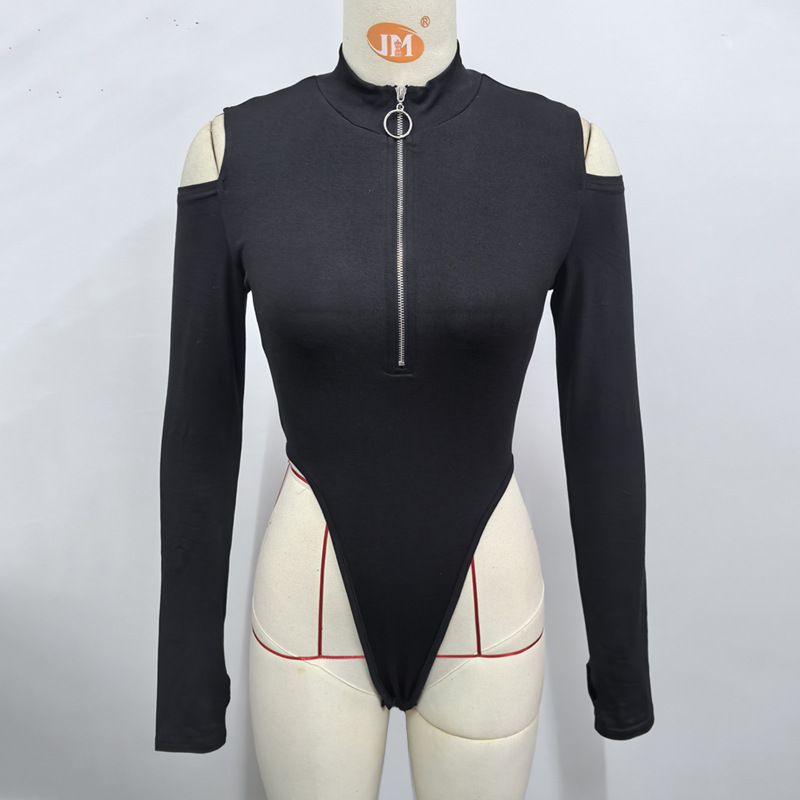 Women's Zippered Off-Shoulder Bodysuit For Autumn Winter Black Thin Polyester Casual Sexy Clubwear Rompers & Playsuits_ecoleips.com
