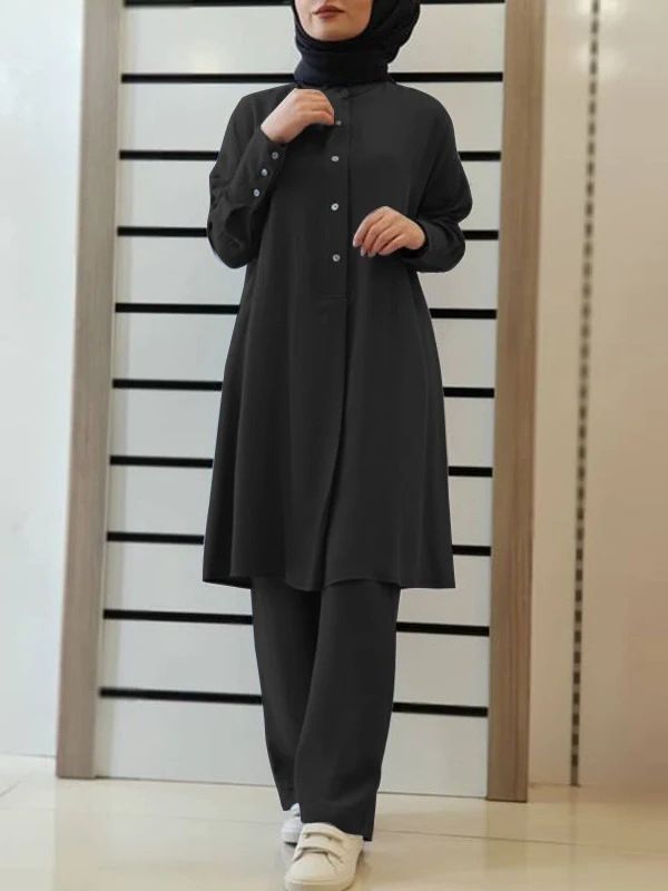 H728 # Muslim Women's New Solid Color Two-Piece Shirt And Casual Loose Pants Set_ecoleips.com