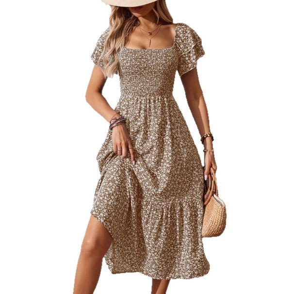 Women's Short-Sleeved Square Neck Floral Dress Spring/Summer New American Style_ecoleips.com
