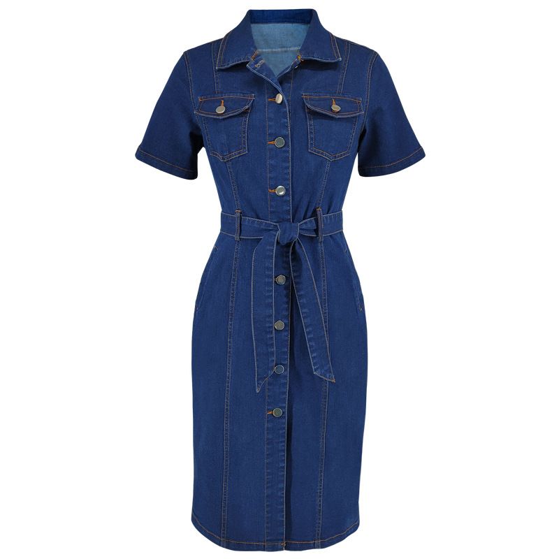 K Women's New Denim Collar Short Sleeved Waist Cinched Fitted Dress_ecoleips.com