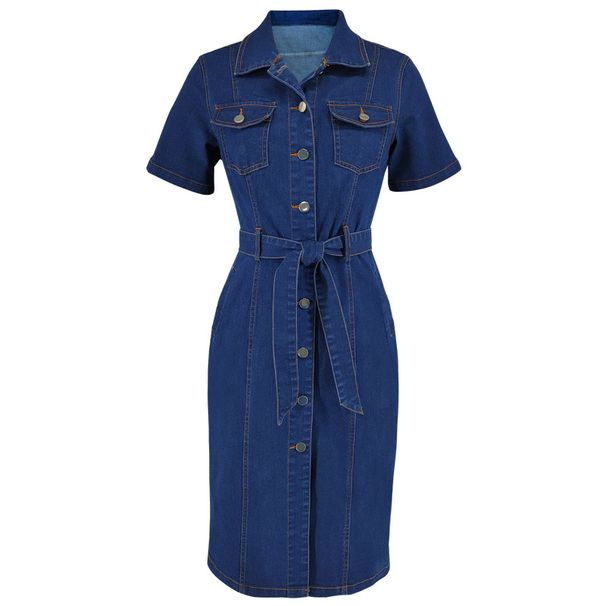 K Women's New Denim Collar Short Sleeved Waist Cinched Fitted Dress_ecoleips.com