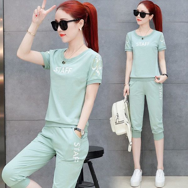 Women's Summer Sports Suit Set Stylish Casual Fashion Student Two Piece Outfit Short Sleeved Capri Pants New 2026_ecoleips.com