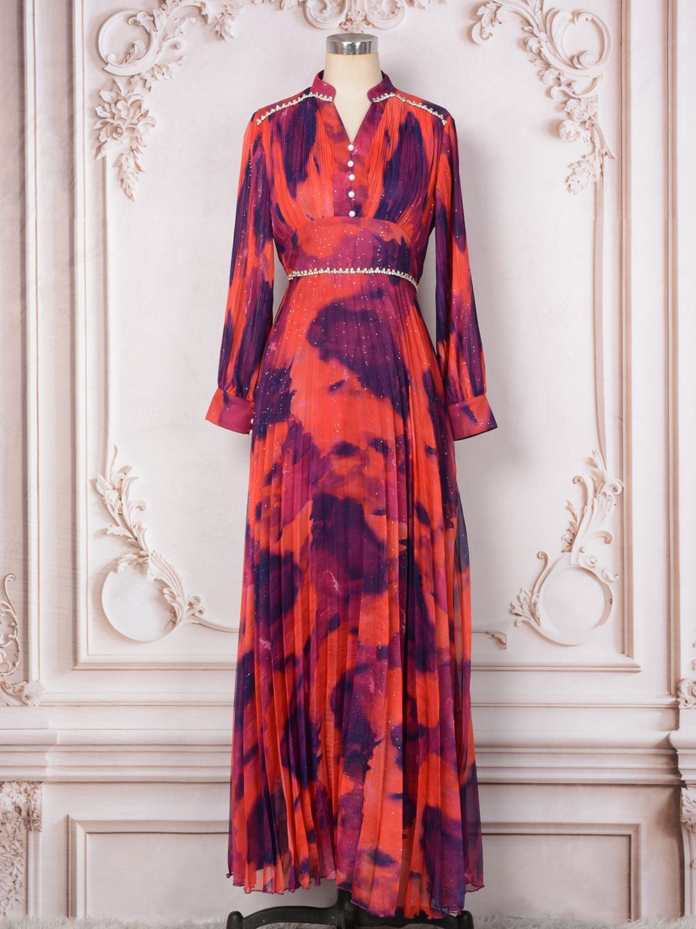 Muslim Women Summer New Style Fashion Long Sleeve Loose Diamond Pink Party Dress_ecoleips.com