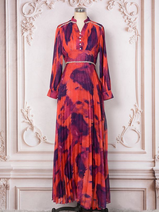 Muslim Women Summer New Style Fashion Long Sleeve Loose Diamond Pink Party Dress_ecoleips.com