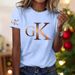 Women's Gradient Art Letter 3D Print round Neck Pullover T-Shirt Casual Elegant Fashion Short Sleeve Top for Summer_ecoleips.com