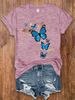 Blue & Gold Butterfly Women's Tee - Delicate Graphic, Casual Blue Top_ecoleips.com