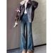 Retro Blue Frayed Hem Flared Jeans For Women, New Spring-summer High-waisted Slimming Design With Hip-covering Slit_ecoleips.com