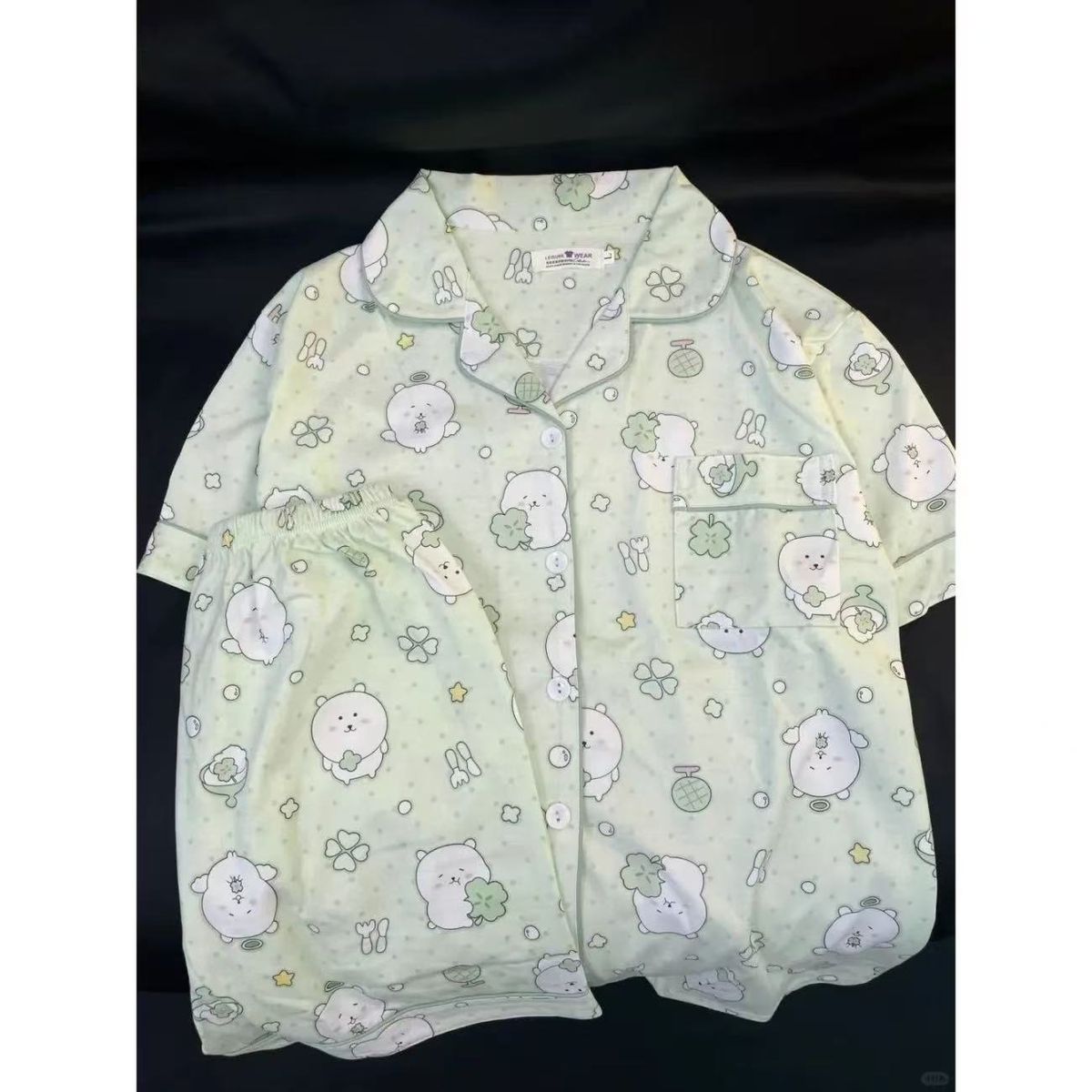 Women'S Cotton Pajamas Set Mameiji Summer Blue Plaid Cute Tamagot Chi Cartoon Short Sleeve Shorts Summer Thin Soft Loungewear_ecoleips.com