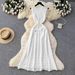 Beaded Hollow Out Women's Dress American Style Round Neck Slim Fit Waist Short Sleeve Summer Knit Dress_ecoleips.com