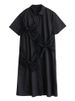 Patchwork Mesh Bow Vintage Shirt Dresses For Women Long Summer New Short Sleeve Loose Casual Dress Korean Elegant Clothing 2025_ecoleips.com