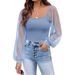 2025 European And American Summer New Fashion Women's See-through Lantern Sleeve Slim Fit Blouse_ecoleips.com