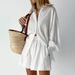 Autumn Women's Style Jacquard Shirt With Puff Sleeves Elegant Top And Shorts Set Casual Commuting Outfit_ecoleips.com