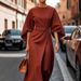 Women's Clothing Fashion Temperament Elegant Solid Color Waist Dress Casual Bat Sleeve Long Dress_ecoleips.com