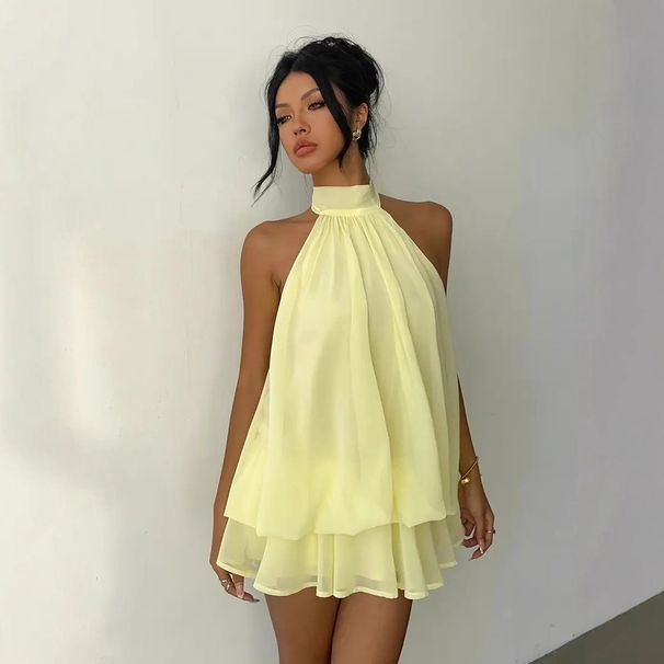 European And American Cross-Border Women's Fashion Vacation Slim Sexy Backl Halter Tie Waist Top Puffy Short Skirt_ecoleips.com