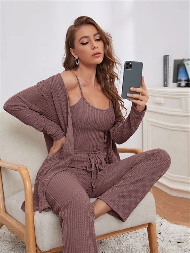 3Piece Women Sets Sling Tops Pants Robe Pajamas Lounge Home Wear Pyjama Pour Femme Slim Fit Loungewear_ecoleips.com