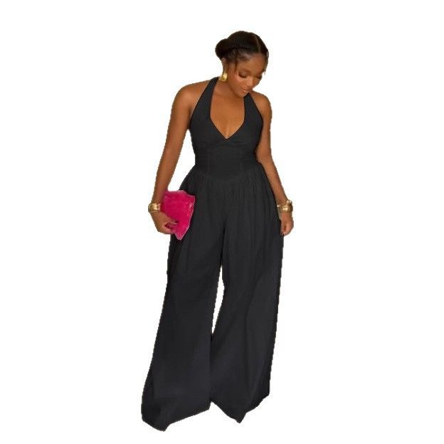 Elegant Halter Neck V-Back Wide-Leg Jumpsuit – Slim Fit, Pure Color & Breathable For Work & Evening (White/Black, S-3XL)_ecoleips.com