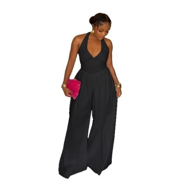 Elegant Halter Neck V-Back Wide-Leg Jumpsuit – Slim Fit, Pure Color & Breathable For Work & Evening (White/Black, S-3XL)_ecoleips.com