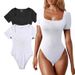 Elegant Ribbed Square Neck Sleeveless Jumpsuit For Women - Stretchy Polyester Bodysuit With Short Sleeves, High Waist & Slim Fit, Summer Casual Outfit_ecoleips.com