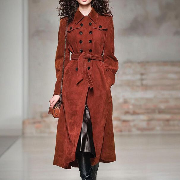 Oversized Long Coat - Double-Breasted Trench Coat For Women, Premium Faux Suede With Stretch (S-XL)_ecoleips.com