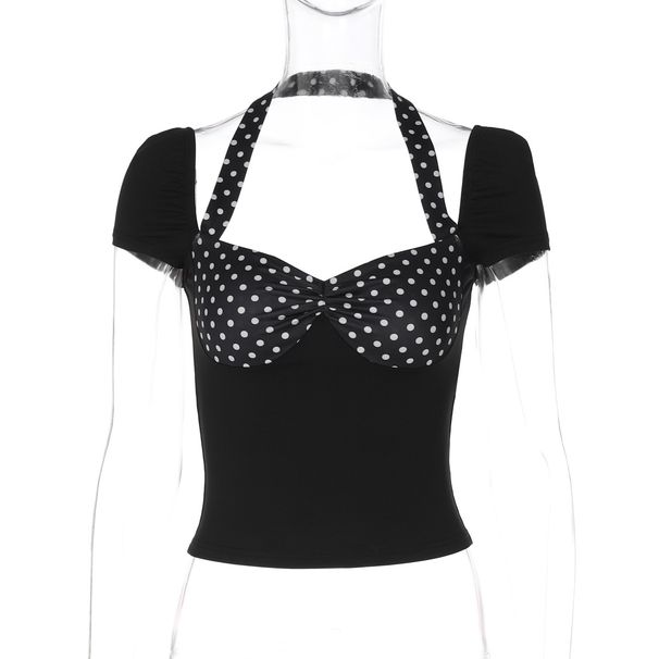 Hot Selling Women's Clothing 2025 Spring Summer New Arrival Halter Neck Short Sleeve Backless Polka Dot Patchwork_ecoleips.com