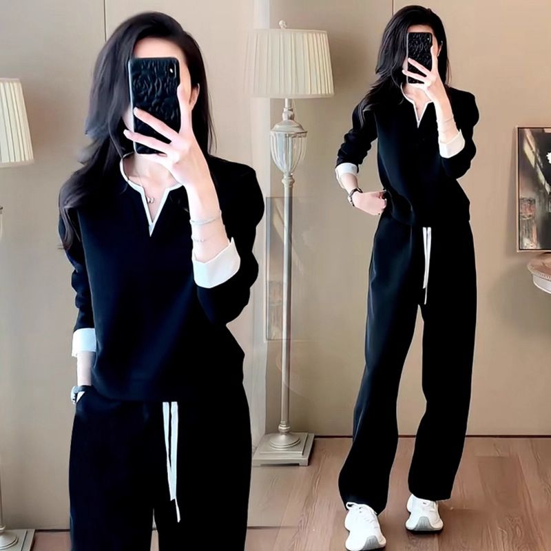 Chic Contrast Trim Tracksuit Set – Long Sleeve Pullover & Slim-Fit Pants (M-3XL, Black) | JackOrdle_ecoleips.com