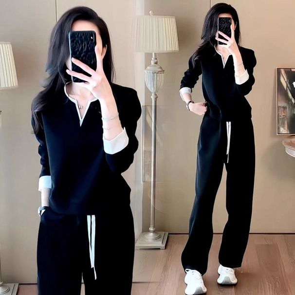 Chic Contrast Trim Tracksuit Set – Long Sleeve Pullover & Slim-Fit Pants (M-3XL, Black) | JackOrdle_ecoleips.com